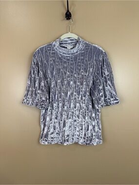 Anthropologie Calligraphie Silver Velvet Mock Neck Puff Sleeve Top Large Holiday